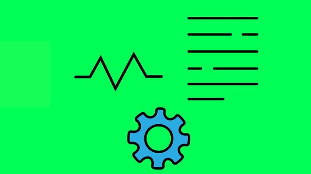 An animated 2D flat vector graphic on a solid bright green screen featuring a rotating blue gear at the bottom-center, while a black pulse/ECG line draws in on the upper-left and animated document