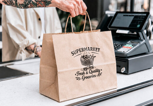 Supermarket Kraft Paper Bag with Handles Mockup