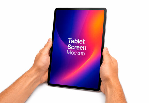 Vertical Slanted View Mockup Tablet Held Male Hands