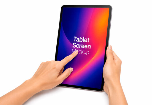Vertical Slanted View Mockup Tablet Scroll Female Hands