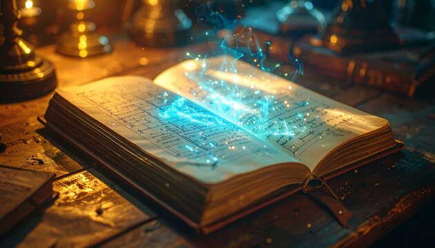 Mystical Book with Glowing Symbols on Wooden Table.