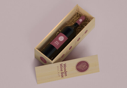 Open Wooden Wine Box Mockup with Bottle