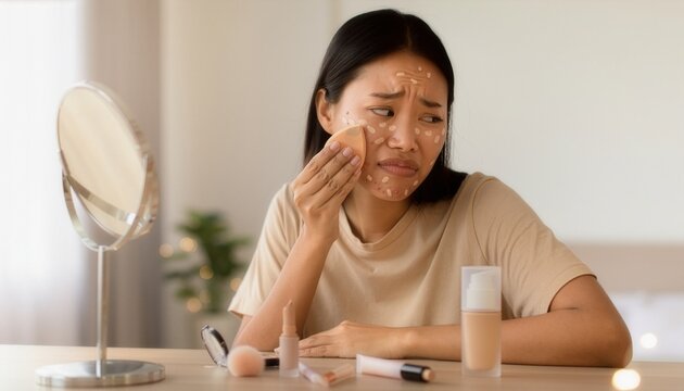 Woman looking frustrated while covering acne with makeup.