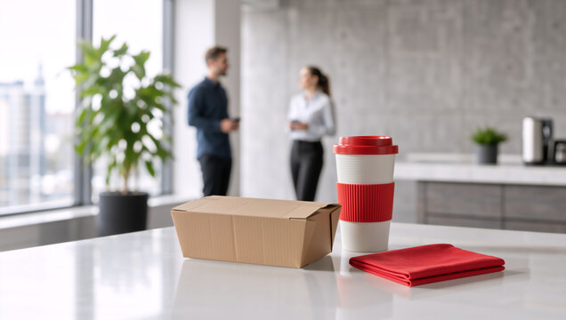 Takeout food box and coffee cup on office kitchen counter. Cardboard lunch container with blurred colleagues talking in background