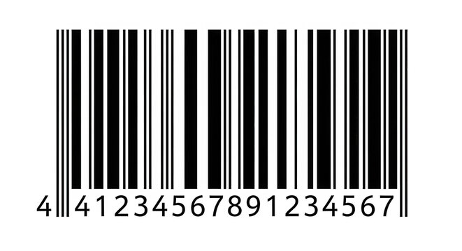 A close-up view of a barcode with the number 4123456891234367 printed on it isolated on transparent background
