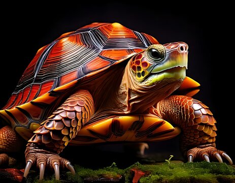 Colorful Tortoise on Mossy Surface.