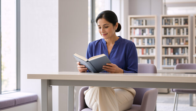 Woman reading a book at a desk in a library. Adult female student studying and researching in a modern academic environment