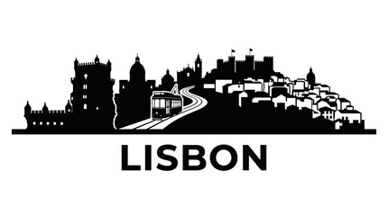 Naklejka premium Lisbon Portugal city skyline black vector silhouette illustration showing belem tower tram and historic hill architecture