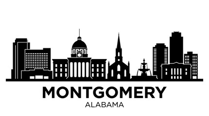 Fototapeta premium Montgomery Alabama city skyline vector silhouette black illustration showing state capitol building and downtown landmarks