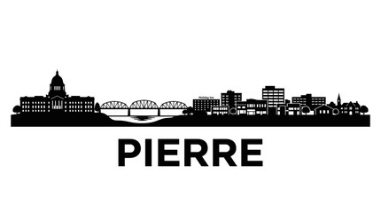 Naklejka premium Pierre South Dakota state capital city skyline vector silhouette with state capitol building and river bridge isolated
