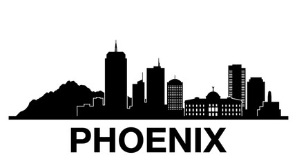 Naklejka premium Phoenix Arizona city skyline vector silhouette featuring downtown skyscrapers and Camelback Mountain backdrop on white background