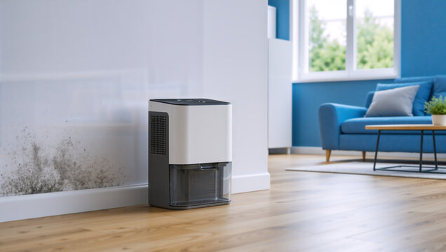 Dehumidifier on wooden floor next to moldy wall. Home appliance for humidity control and mold prevention in living room