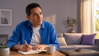 Fototapeta premium Thoughtful man writing in a notebook at home. Adult male sitting at a table in a sunlit living room planning and journaling. Freelance writer working indoors