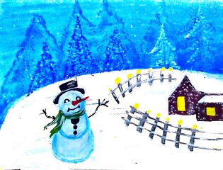 Beautiful watercolor painting of a snowman standing in a snowy landscape with a cozy winter hut