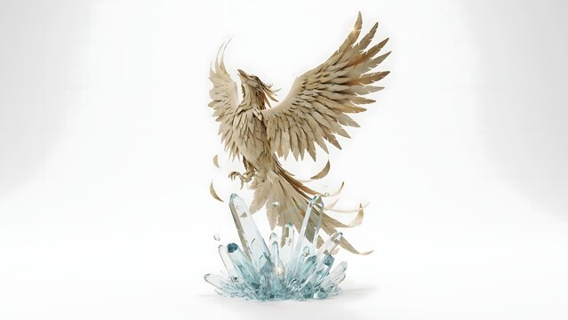 Paper origami phoenix soaring over crystalline growth &ndash; Perfect for startup launch campaigns, resurrection art, or creative achievement.