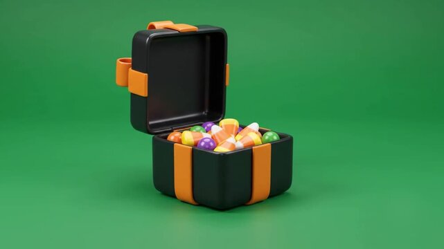 Glossy orange and black present gently opens with festive Halloween treats inside