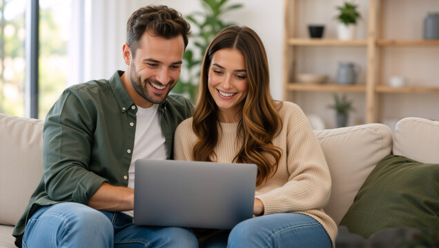 Happy young couple using a laptop together on a sofa. Smiling man and woman browsing online in a cozy living room
