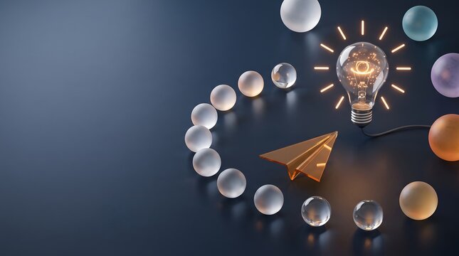 Digital tech startup launch showing golden paper airplane targeting glowing lightbulb innovation concept