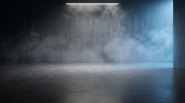 Industrial concrete studio with smoke and neon light. Dark cinematic warehouse interior. Empty stage for product presentation.