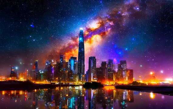 Group of Skyscrapers against Colorful Night Sky