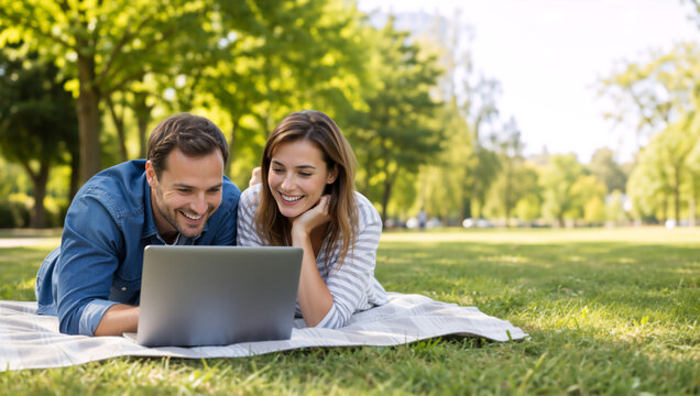 Happy young couple using a laptop while lying on the grass in a park. Caucasian man and woman looking at computer screen outdoors
