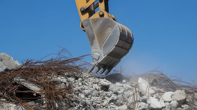 Excavator bucket digging into a pile of broken concrete, rebar, and rubble during demolition work on a construction site under a clear blue sky, showing urban renewal activity