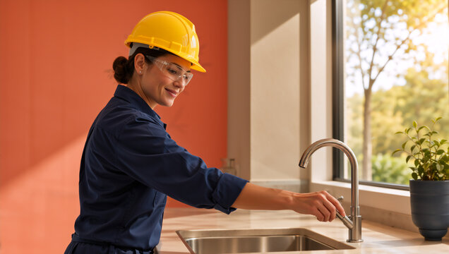 Female plumber in blue uniform and yellow hard hat adjusting kitchen faucet. Professional woman technician installing water tap in modern kitchen