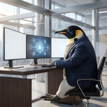 Penguin Businessman Working on Computer in Modern Office