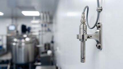 Naklejka premium precision pharmaceutical environmental monitoring probe installed inside regulated gmp cleanroom for continuous air quality measurement