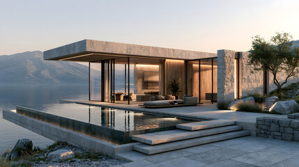 Fototapeta premium Modern luxury villa with infinity pool overlooking a calm lake at sunset