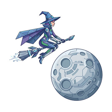 Witch Flying on Broomstick Over Moon Illustration.