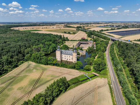 Aerial view, Veynau Castle, moated castle, Euskirchen district in North Rhine-Westphalia, Germany