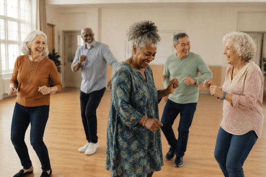Joyful Senior Dance Class: A group of diverse senior citizens with genuine smiles engage in a lively dance session, showcasing their active and fulfilling retirement lifestyle.