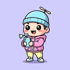 Fototapeta premium Cute cartoon child holding smartphone with propeller hat.
