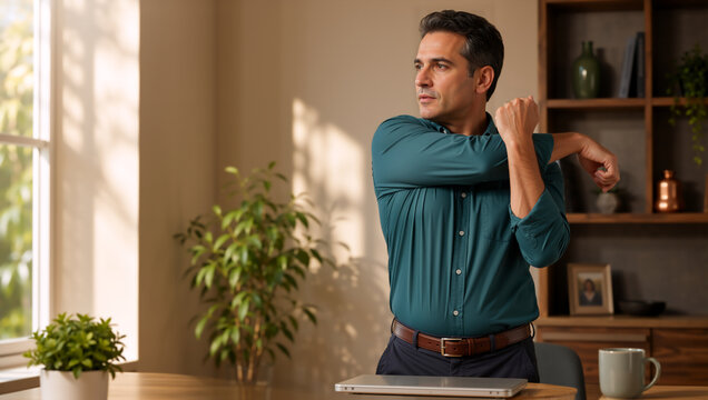Businessman stretching his arm during a work break in home office. Healthy lifestyle and ergonomics at workplace. Male employee relaxing at desk