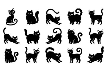 Fototapeta premium Set of fifteen different black cat silhouettes in various poses isolated on a white background for design