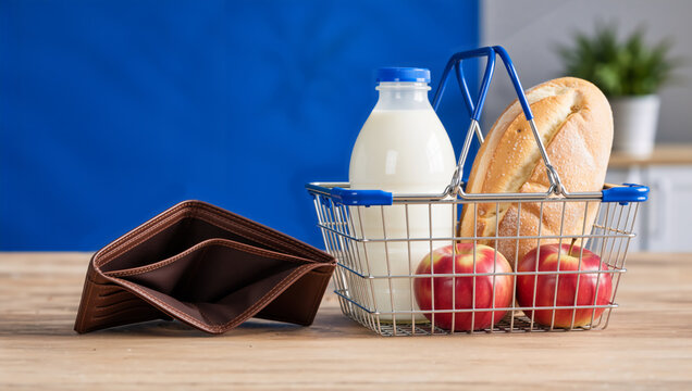Empty brown leather wallet next to a grocery basket with milk, bread, and apples. Concept of inflation, high cost of living, and financial struggle