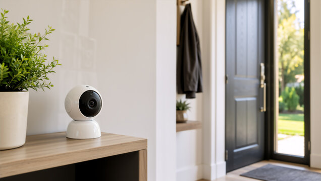 White smart security camera on a wooden table in a home entryway. Modern home surveillance and safety technology concept