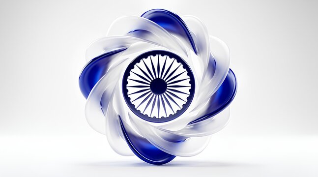 Abstract spiral sculpture inspired by the Indian flag with blue white colors and unique swirling design on a plain white