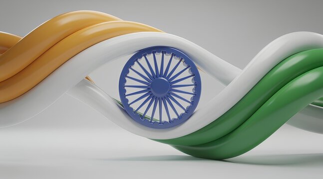 Artistic sculpture inspired by the Indian flag featuring flowing waves in saffron, white, and green with a navy blue wheel