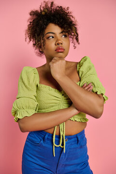 Vibrant style shines through in trendy fashion showcase with a confident young woman