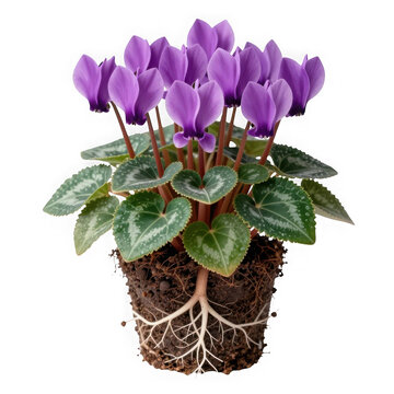Purple cyclamen flower in a black pot