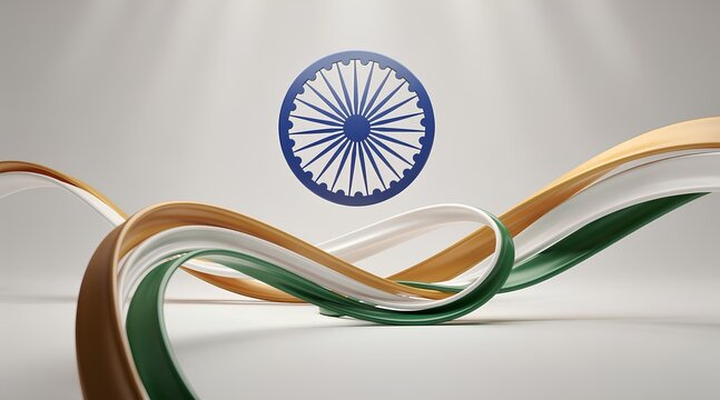 Creative composition featuring an abstract sculpture with the Indian wheel emblem and flowing ribbon-like elements with a modern