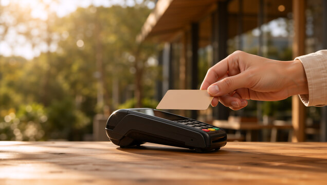 Hand holding blank card over contactless payment terminal on wooden table. Close up of wireless transaction at outdoor cafe. Retail and finance concept