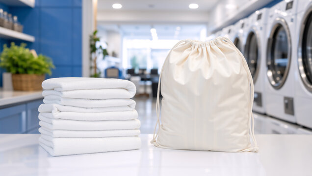 White drawstring canvas bag mockup and stack of folded towels. Clean laundry room and washing service concept