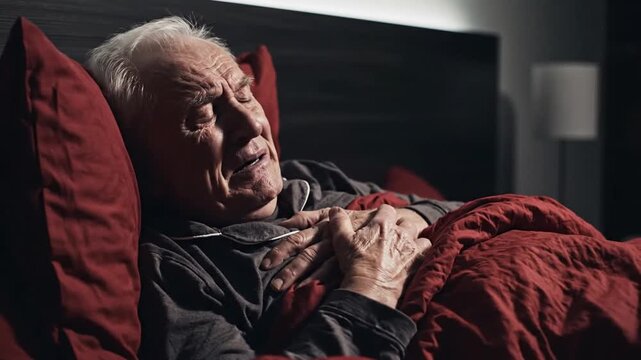 Senior Man Experiencing Chest Pain In Bed 4K Slow Motion