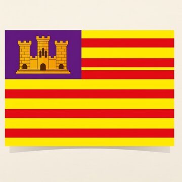 Colorful striped flag with castle symbol design.