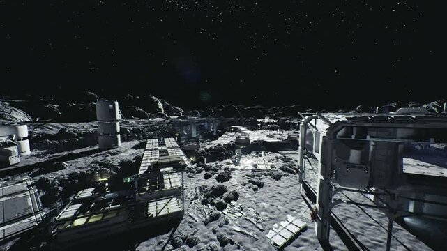 Moon colony habitation sector lit at night, clustered domes and modules forming community grid, pathways and service lines, subtle glow from hydroponic windows