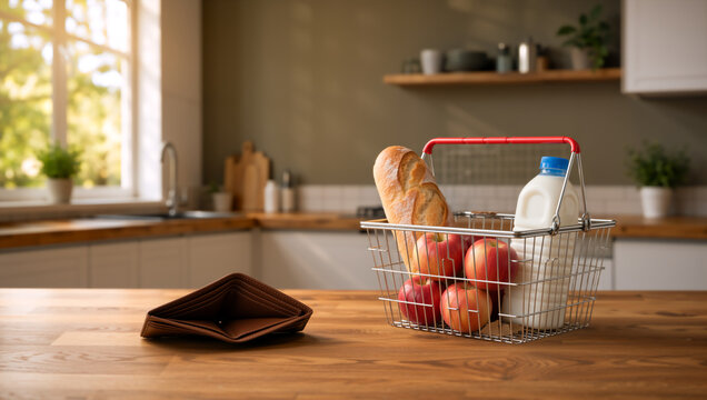Wire shopping basket with groceries next to an empty wallet. Cost of living and inflation concept in a kitchen setting. Expensive food prices