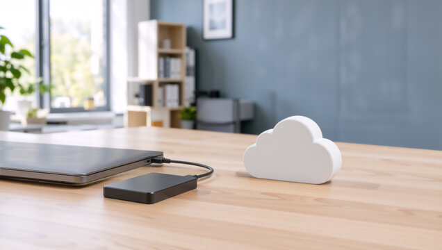 Cloud storage and data backup concept. White cloud icon next to external hard drive connected to laptop on wooden office desk